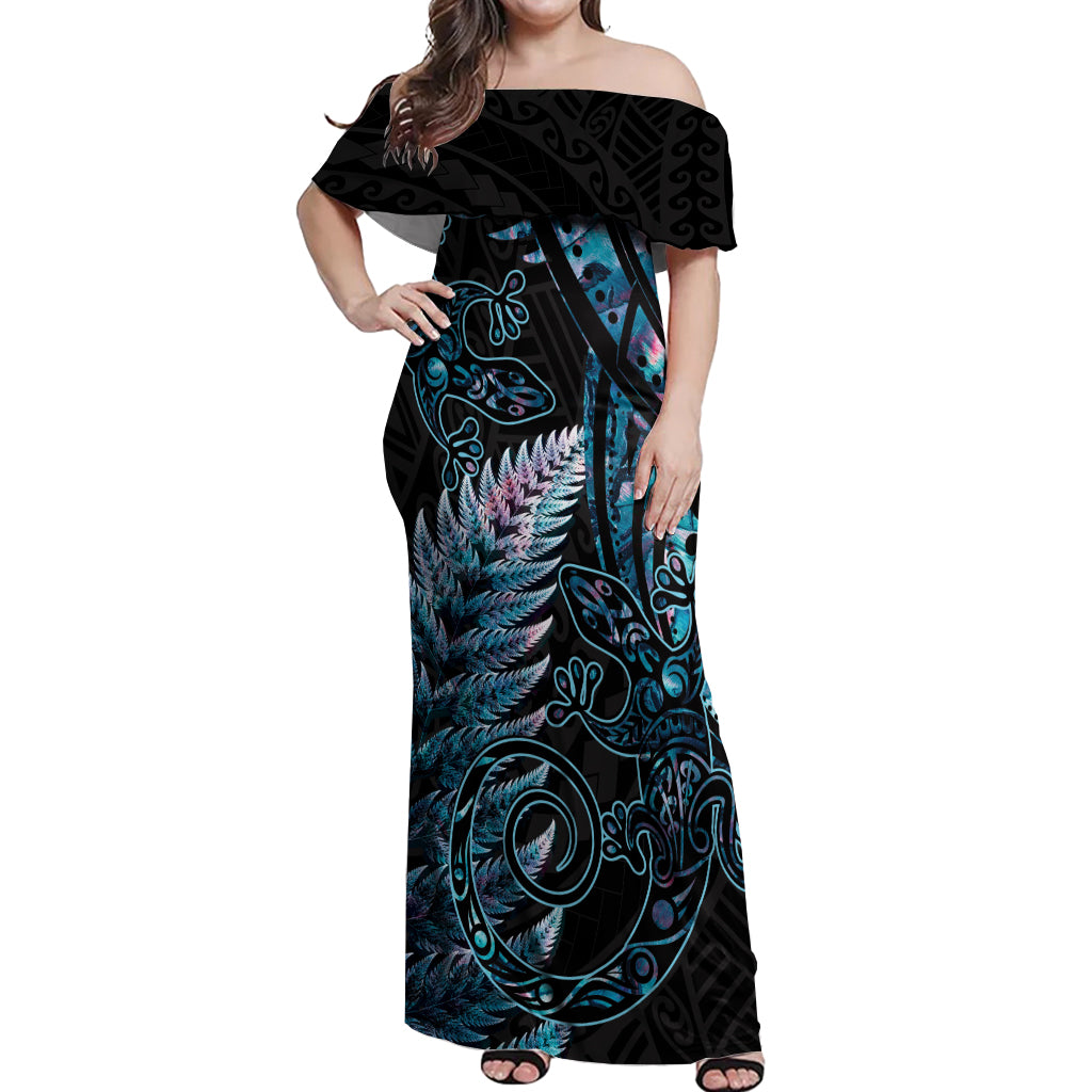 New Zealand Lizard Off Shoulder Maxi Dress Silver Fern Aotearoa Maori With Paua Shell LT14 Women Turquoise - Polynesian Pride