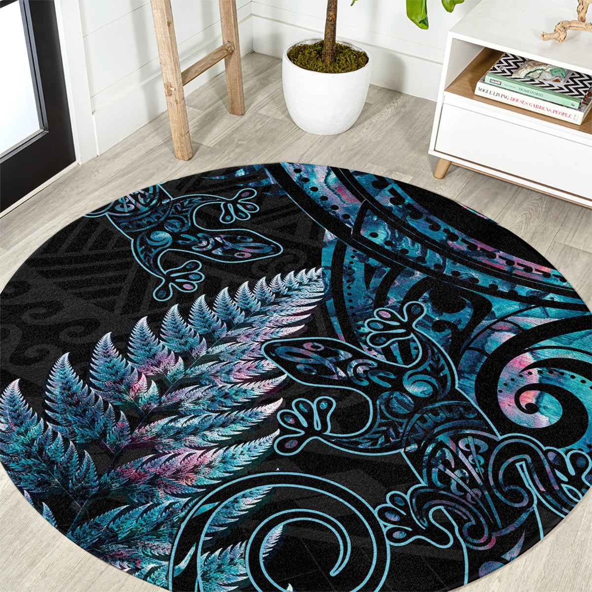 New Zealand Lizard Round Carpet Silver Fern Aotearoa Maori With Paua Shell