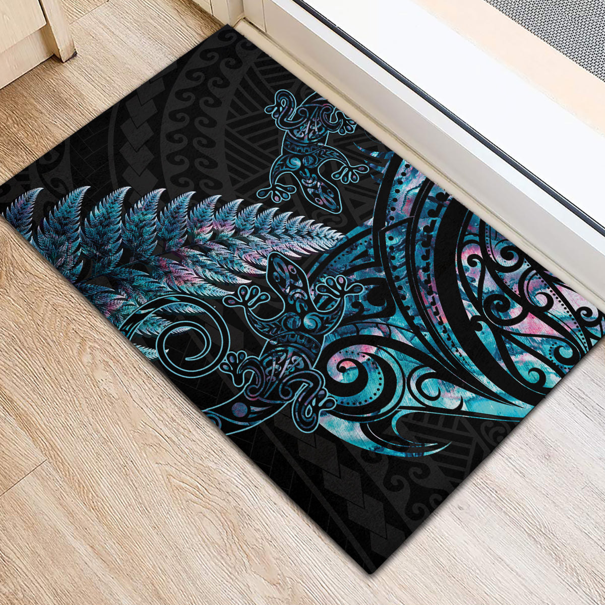 New Zealand Lizard Rubber Doormat Silver Fern Aotearoa Maori With Paua Shell LT14 - Polynesian Pride