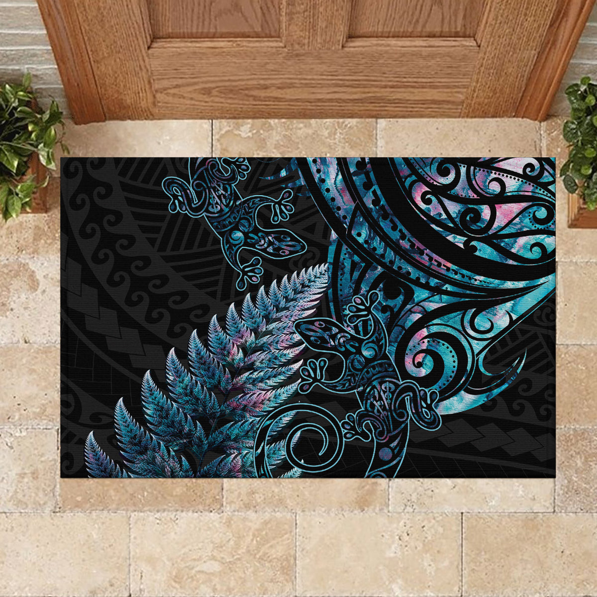New Zealand Lizard Rubber Doormat Silver Fern Aotearoa Maori With Paua Shell LT14 - Polynesian Pride