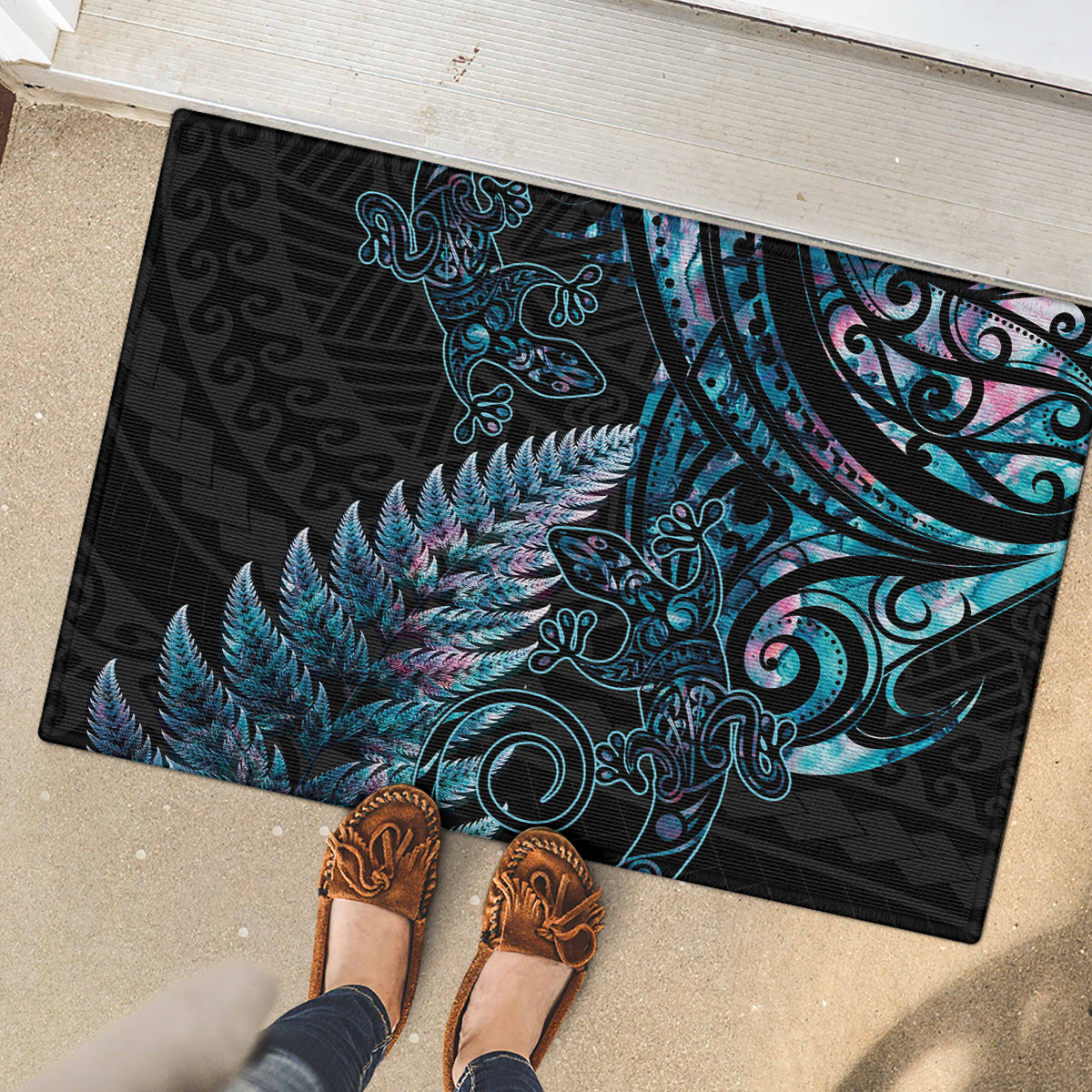 New Zealand Lizard Rubber Doormat Silver Fern Aotearoa Maori With Paua Shell LT14 - Polynesian Pride