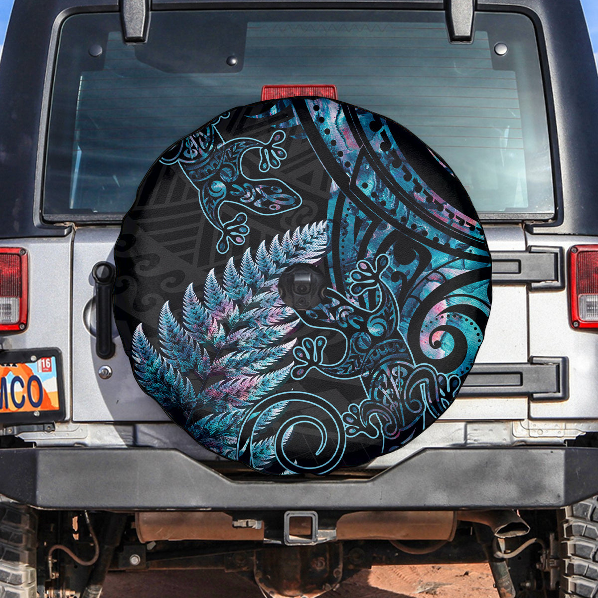 New Zealand Lizard Spare Tire Cover Silver Fern Aotearoa Maori With Paua Shell