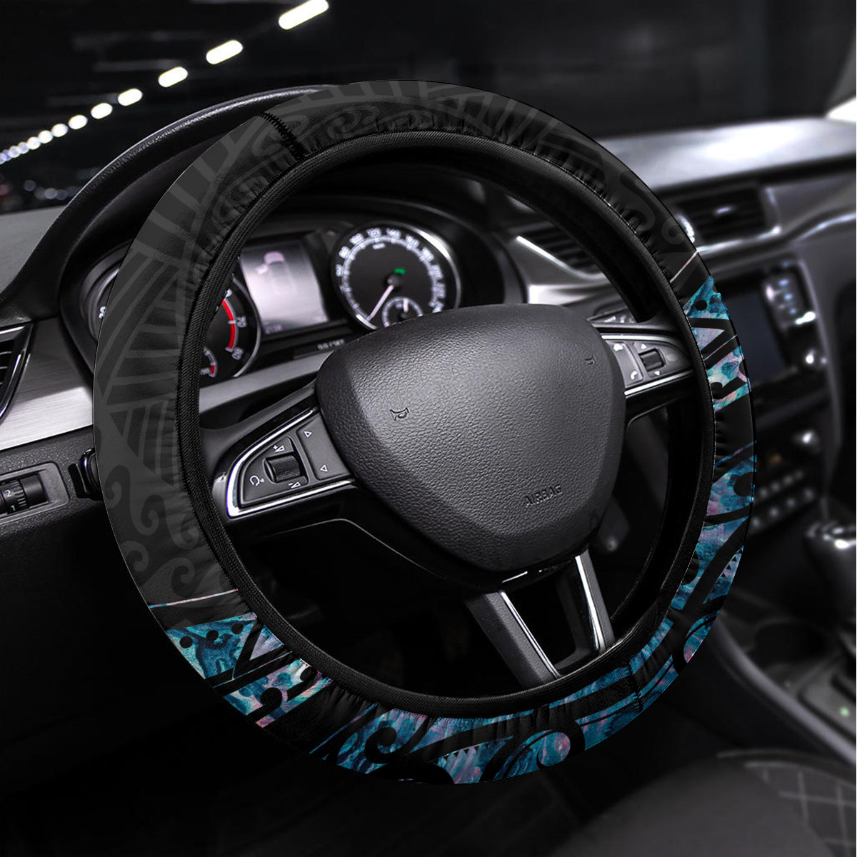 New Zealand Lizard Steering Wheel Cover Silver Fern Aotearoa Maori With Paua Shell LT14 Universal Fit Turquoise - Polynesian Pride