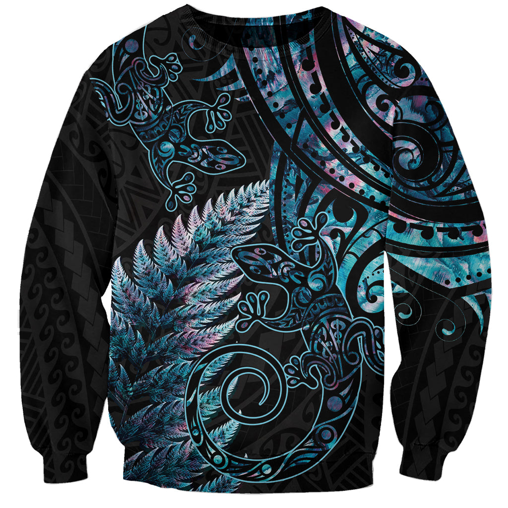 New Zealand Lizard Sweatshirt Silver Fern Aotearoa Maori With Paua Shell LT14 Unisex Turquoise - Polynesian Pride