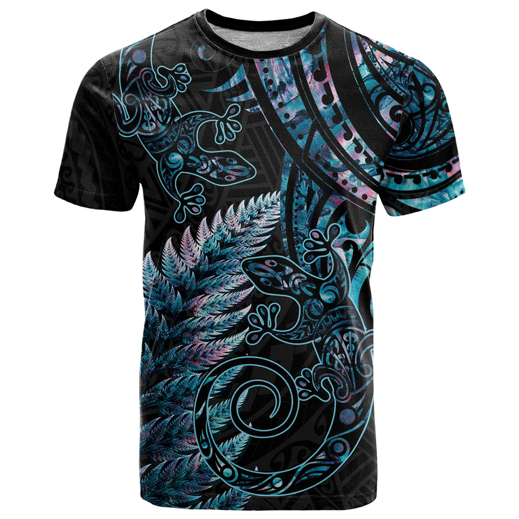 New Zealand Lizard T Shirt Silver Fern Aotearoa Maori With Paua Shell LT14 Turquoise - Polynesian Pride