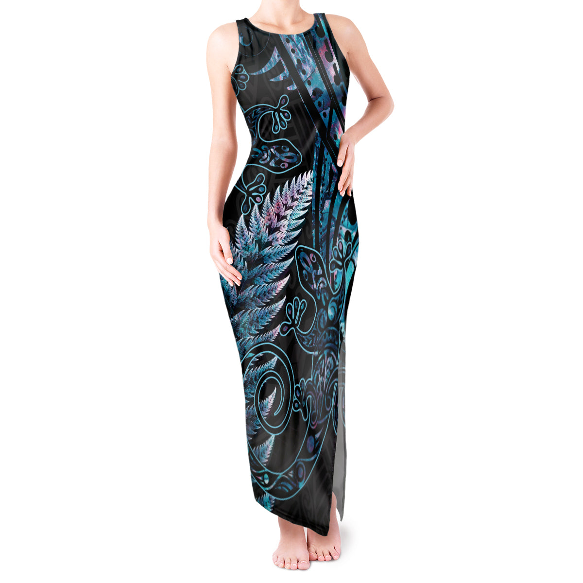 New Zealand Lizard Tank Maxi Dress Silver Fern Aotearoa Maori With Paua Shell LT14 Women Turquoise - Polynesian Pride