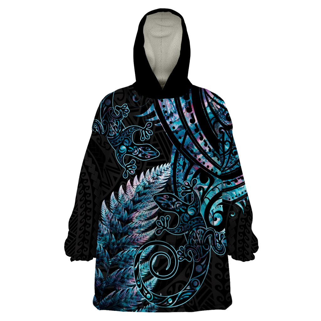 New Zealand Lizard Wearable Blanket Hoodie Silver Fern Aotearoa Maori With Paua Shell LT14 One Size Turquoise - Polynesian Pride