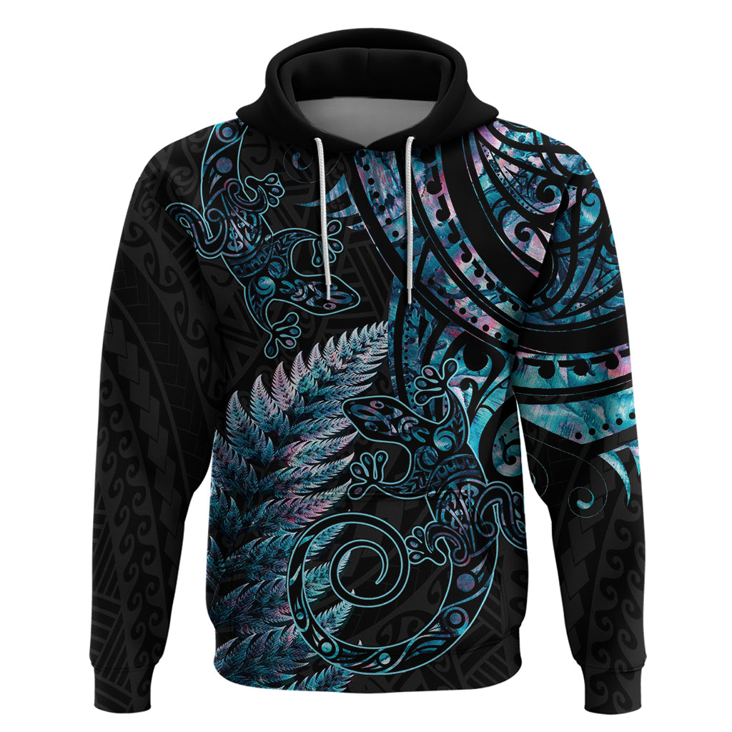 New Zealand Lizard Zip Hoodie Silver Fern Aotearoa Maori With Paua Shell LT14 Pullover Hoodie Turquoise - Polynesian Pride