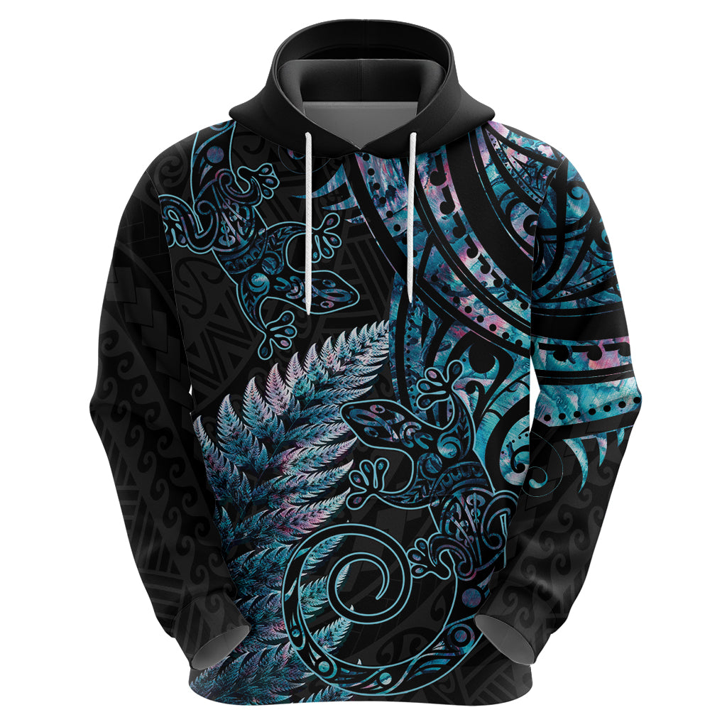 New Zealand Lizard Zip Hoodie Silver Fern Aotearoa Maori With Paua Shell LT14 - Polynesian Pride