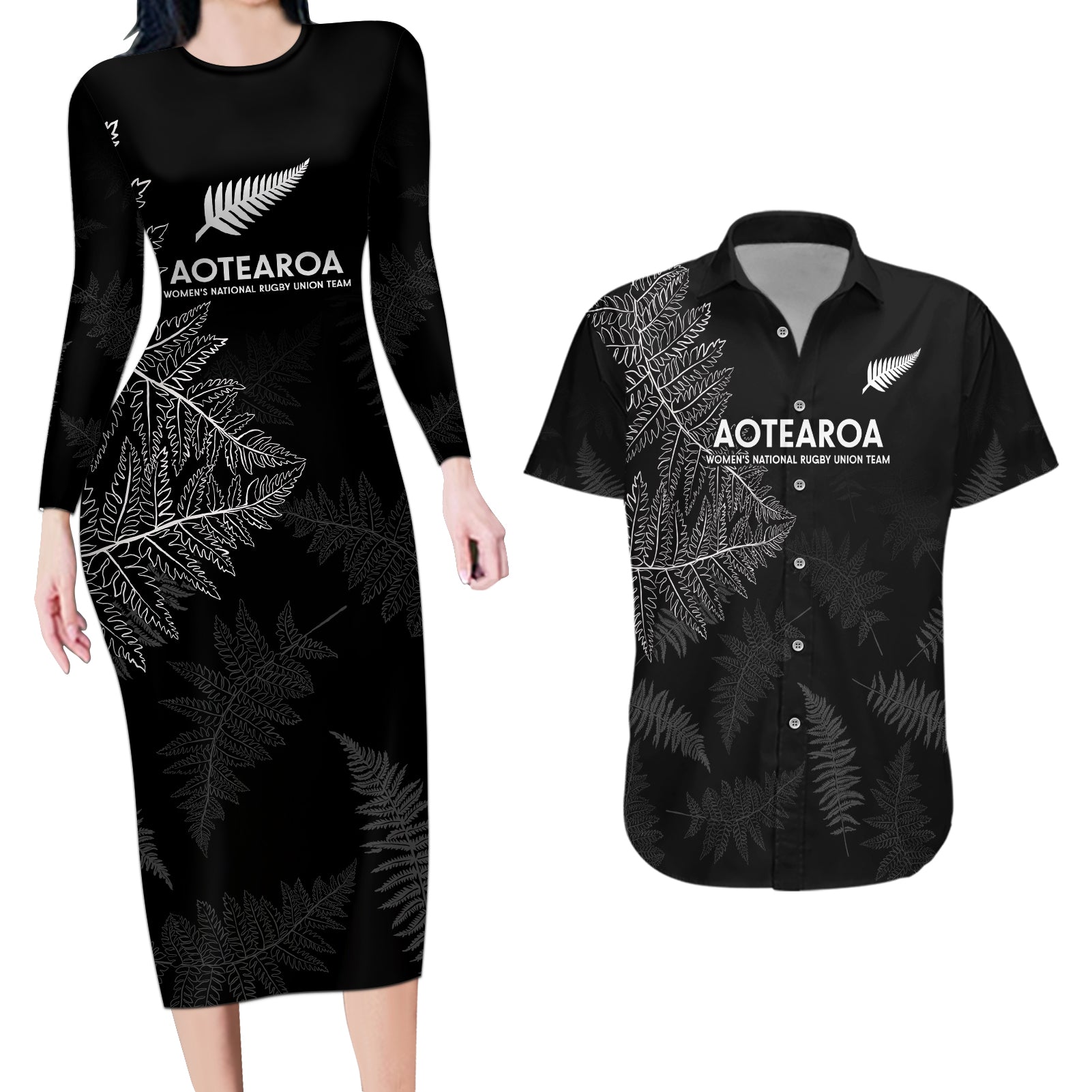 New Zealand Haka Rugby Couples Matching Long Sleeve Bodycon Dress and Hawaiian Shirt 2024 Pacific Go Black Silver Fern LT14 Black - Polynesian Pride