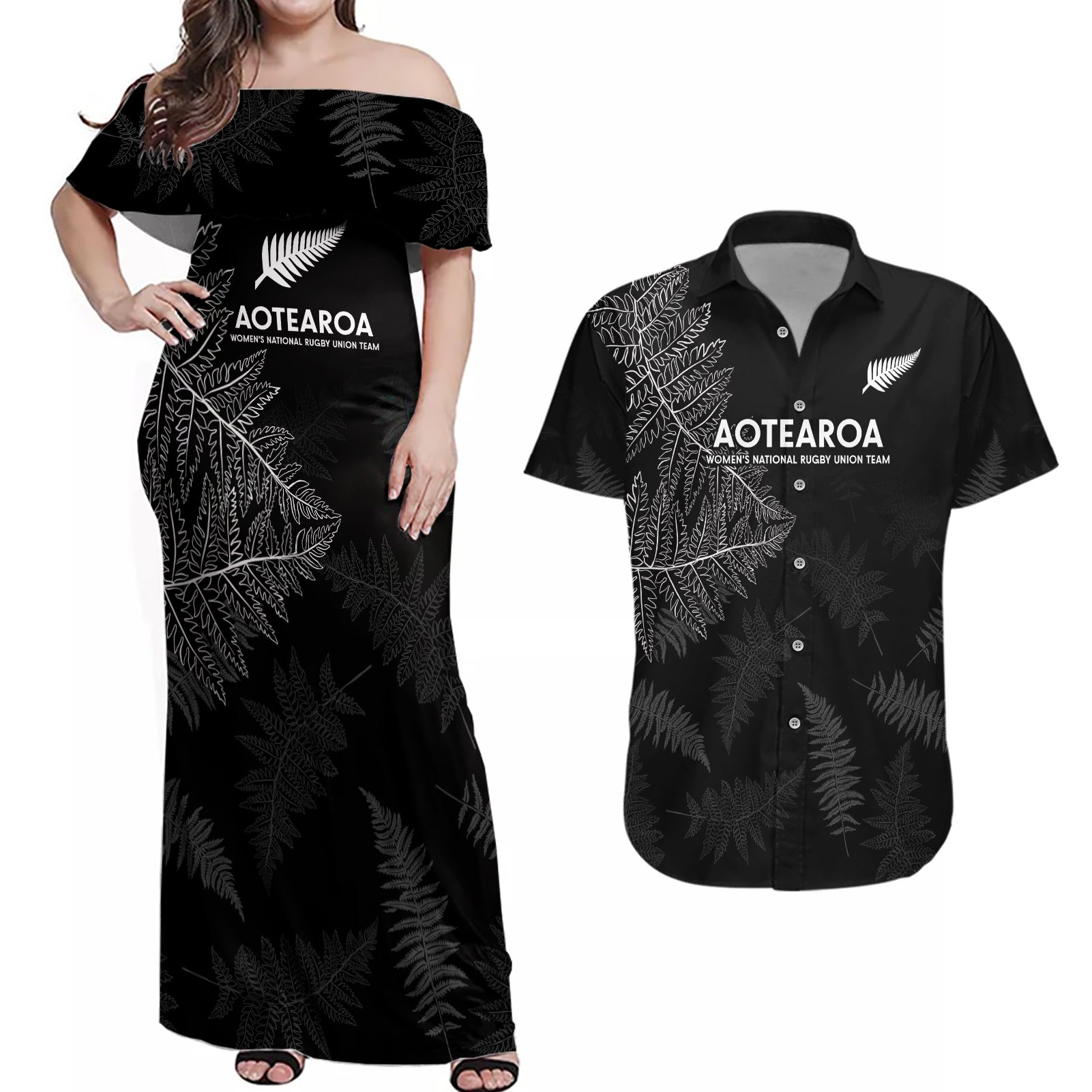 New Zealand Haka Rugby Couples Matching Off Shoulder Maxi Dress and Hawaiian Shirt 2024 Pacific Go Black Silver Fern LT14 Black - Polynesian Pride