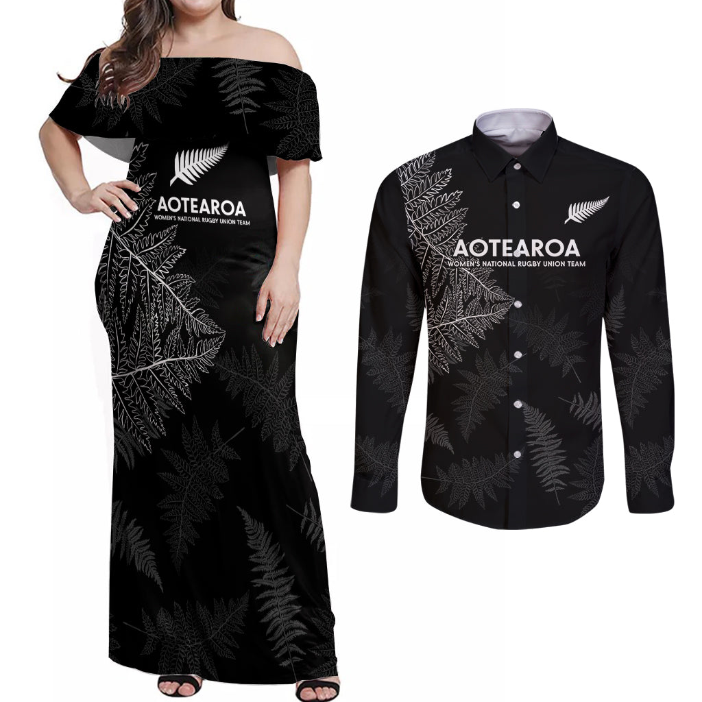 New Zealand Haka Rugby Couples Matching Off Shoulder Maxi Dress and Long Sleeve Button Shirt 2024 Pacific Go Black Silver Fern LT14 Black - Polynesian Pride