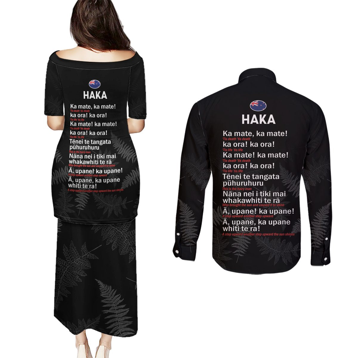 New Zealand Haka Rugby Couples Matching Puletasi and Long Sleeve Button Shirt 2024 Pacific Go Black Silver Fern LT14 - Polynesian Pride