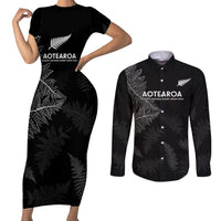 New Zealand Haka Rugby Couples Matching Short Sleeve Bodycon Dress and Long Sleeve Button Shirt 2024 Pacific Go Black Silver Fern LT14 Black - Polynesian Pride