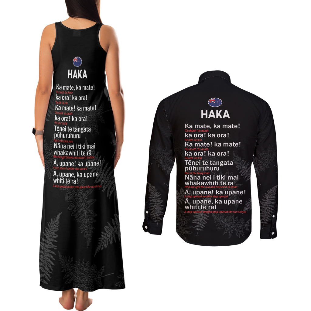 New Zealand Haka Rugby Couples Matching Tank Maxi Dress and Long Sleeve Button Shirt 2024 Pacific Go Black Silver Fern LT14 - Polynesian Pride