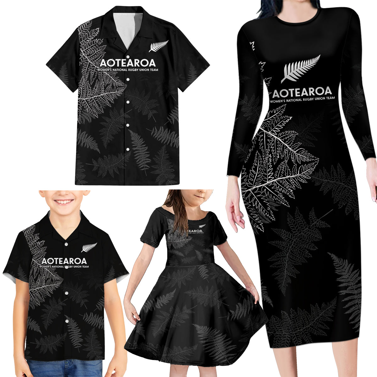 New Zealand Haka Rugby Family Matching Long Sleeve Bodycon Dress and Hawaiian Shirt 2024 Pacific Go Black Silver Fern LT14 - Polynesian Pride