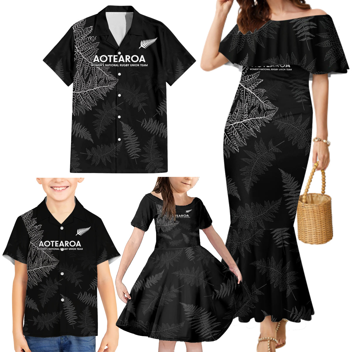 New Zealand Haka Rugby Family Matching Mermaid Dress and Hawaiian Shirt 2024 Pacific Go Black Silver Fern LT14 - Polynesian Pride