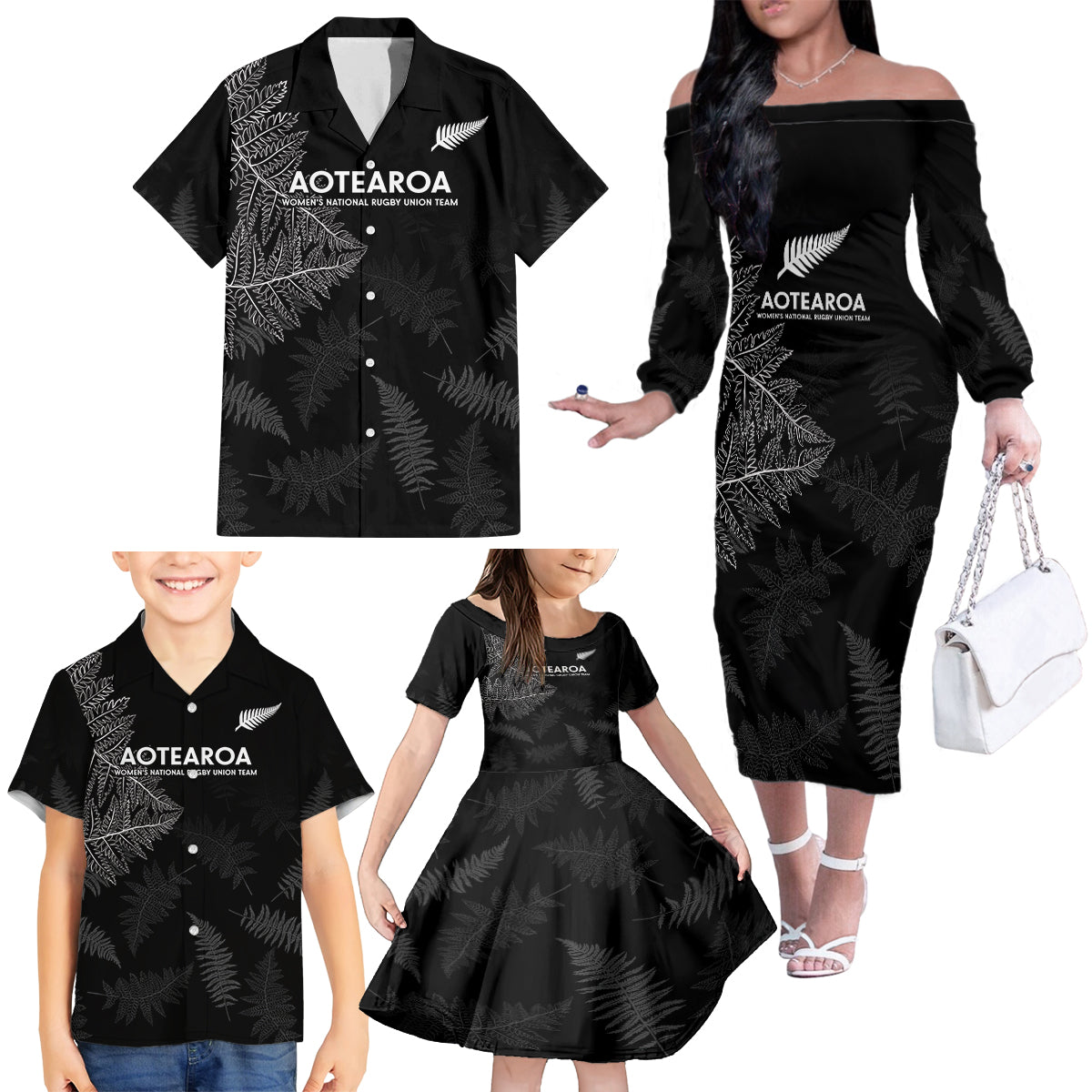 New Zealand Haka Rugby Family Matching Off The Shoulder Long Sleeve Dress and Hawaiian Shirt 2024 Pacific Go Black Silver Fern LT14 - Polynesian Pride