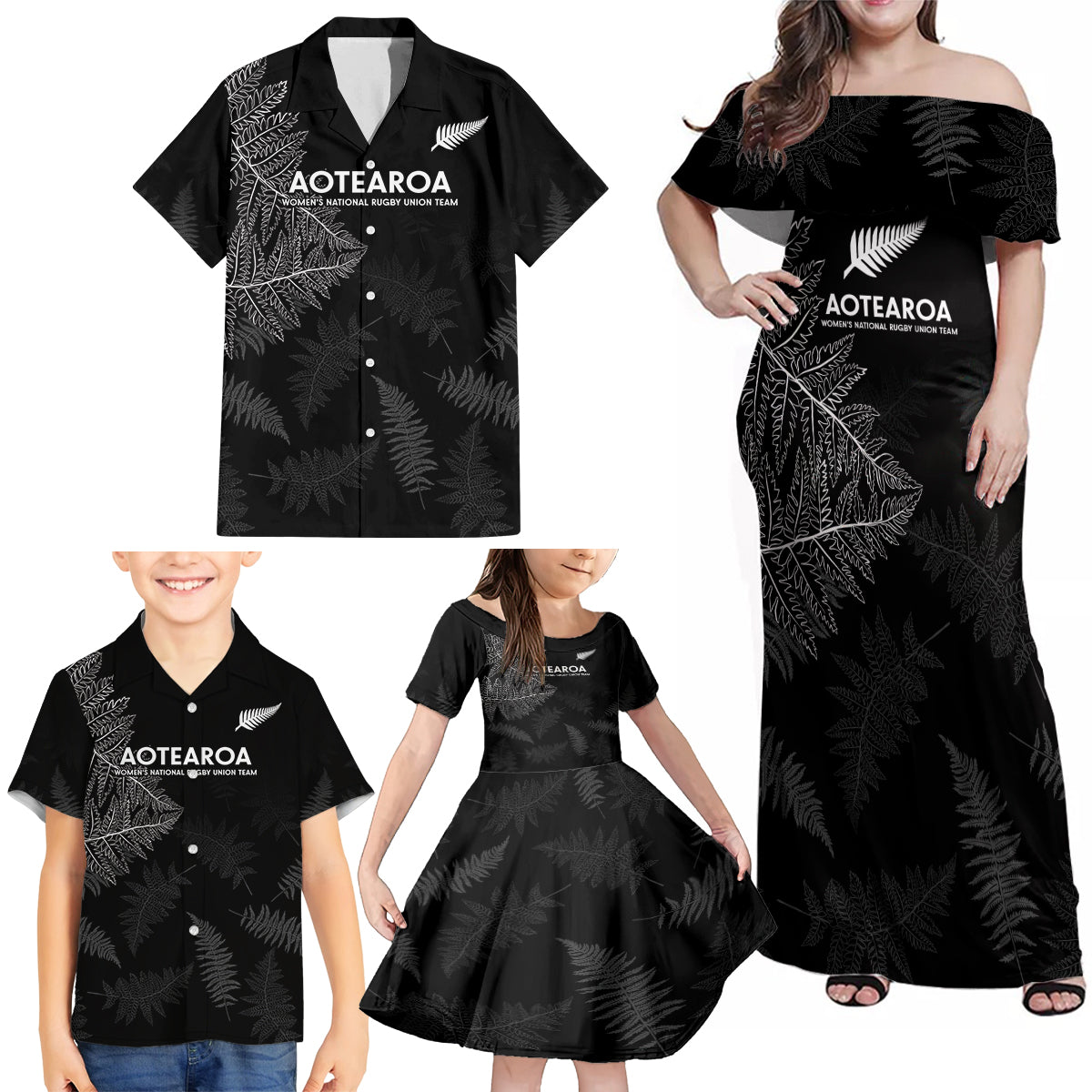 New Zealand Haka Rugby Family Matching Off Shoulder Maxi Dress and Hawaiian Shirt 2024 Pacific Go Black Silver Fern LT14 - Polynesian Pride