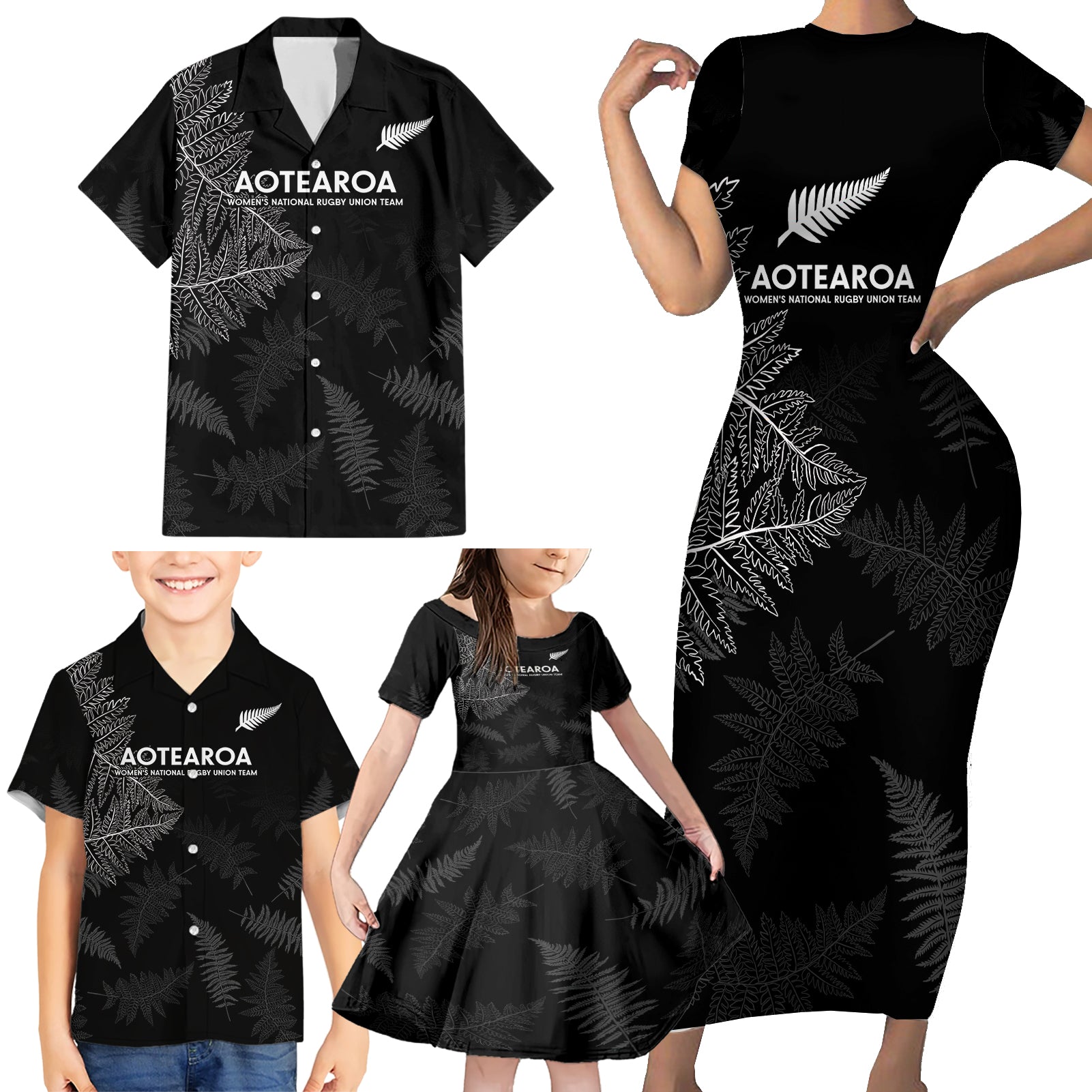 New Zealand Haka Rugby Family Matching Short Sleeve Bodycon Dress and Hawaiian Shirt 2024 Pacific Go Black Silver Fern LT14 - Polynesian Pride