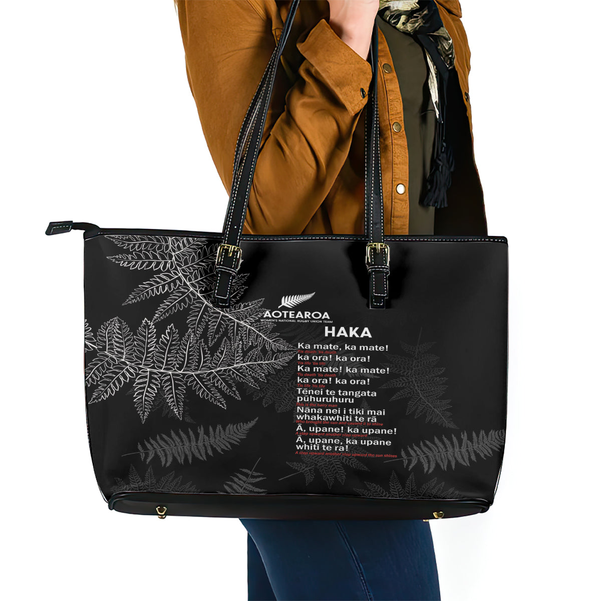 Custom New Zealand Haka Rugby Leather Tote Bag 2024 Pacific Go Black Silver Fern LT14 - Polynesian Pride