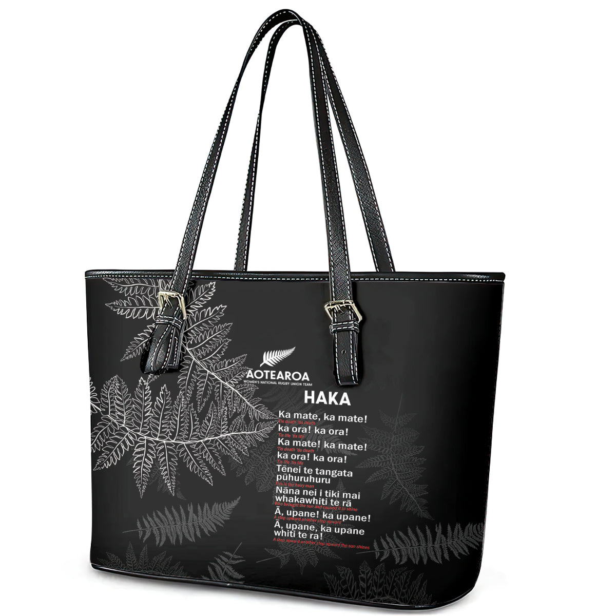 Custom New Zealand Haka Rugby Leather Tote Bag 2024 Pacific Go Black Silver Fern LT14 - Polynesian Pride
