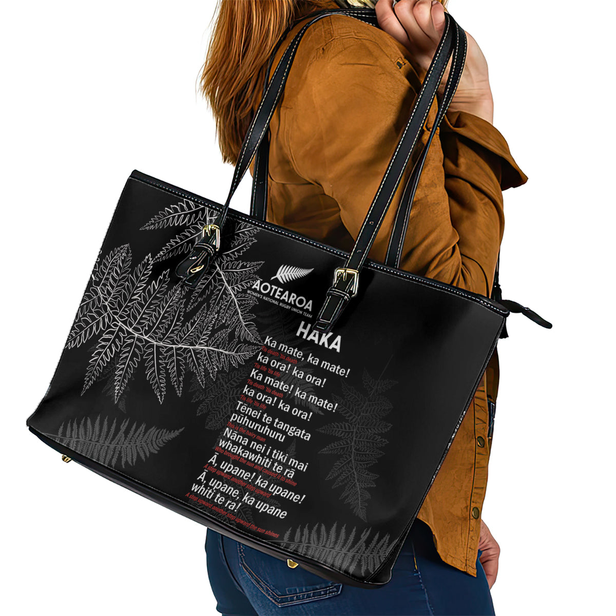 Custom New Zealand Haka Rugby Leather Tote Bag 2024 Pacific Go Black Silver Fern LT14 - Polynesian Pride