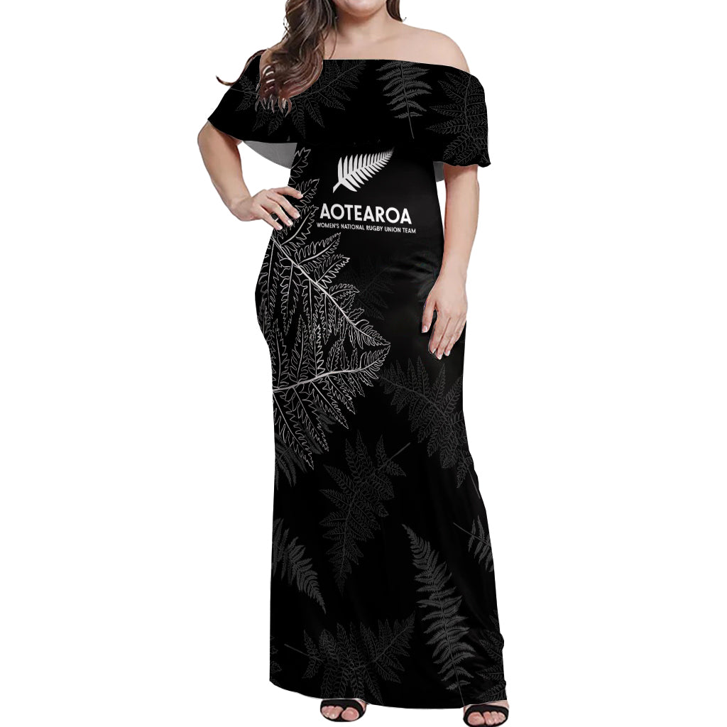 New Zealand Haka Rugby Off Shoulder Maxi Dress 2024 Pacific Go Black Silver Fern LT14 Women Black - Polynesian Pride