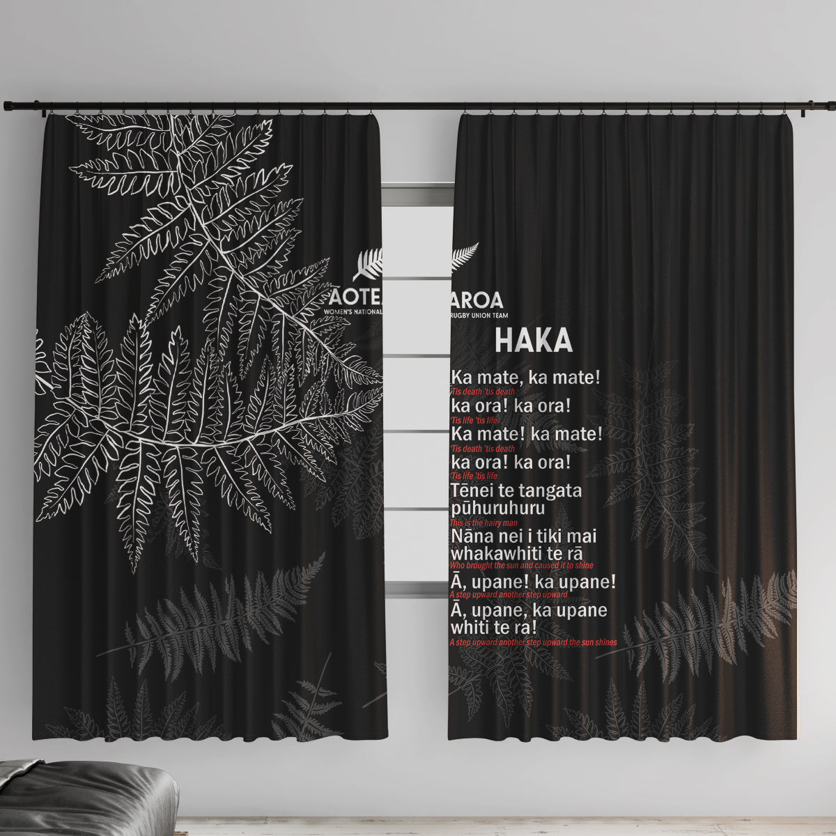 Custom New Zealand Haka Rugby Window Curtain 2024 Pacific Go Black Silver Fern