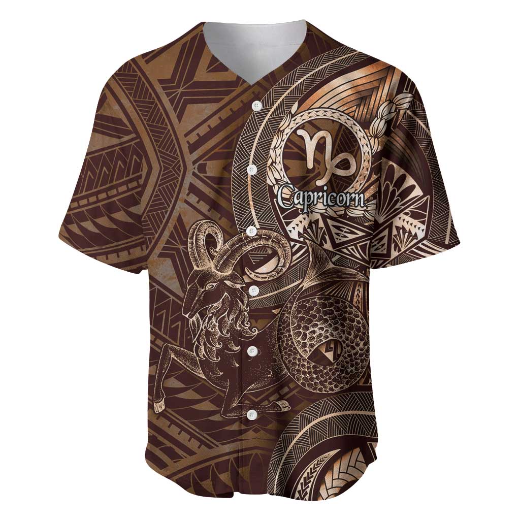 Personalised Polynesia Zodiac Capricorn Baseball Jersey Galaxy Polynesian Pattern Chest Tattoo Style LT14 Brown - Polynesian Pride
