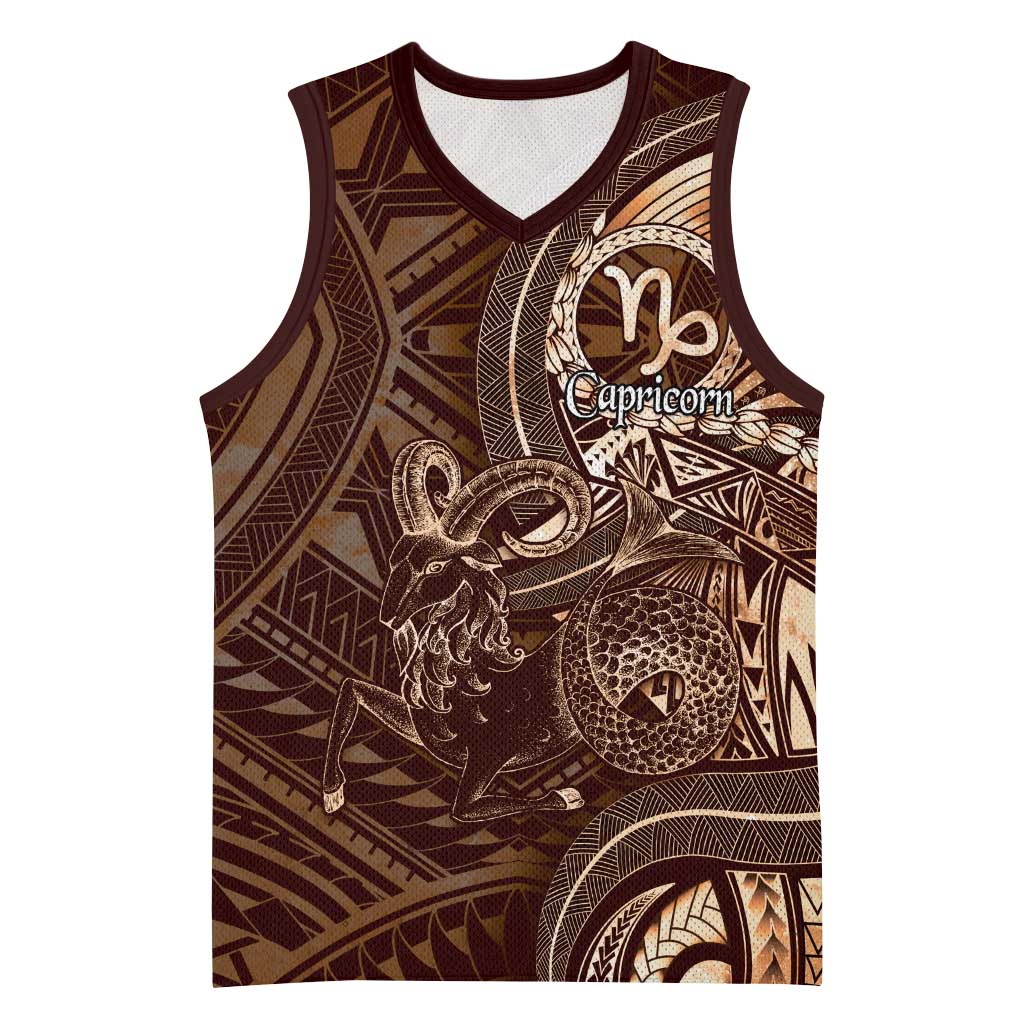 Personalised Polynesia Zodiac Capricorn Basketball Jersey Galaxy Polynesian Pattern Chest Tattoo Style LT14 Unisex Brown - Polynesian Pride
