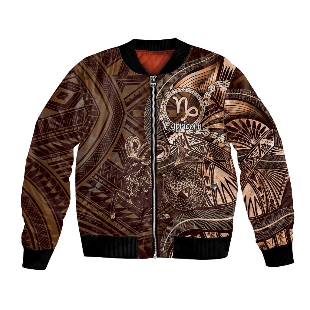 Personalised Polynesia Zodiac Capricorn Bomber Jacket Galaxy Polynesian Pattern Chest Tattoo Style LT14 Unisex Brown - Polynesian Pride