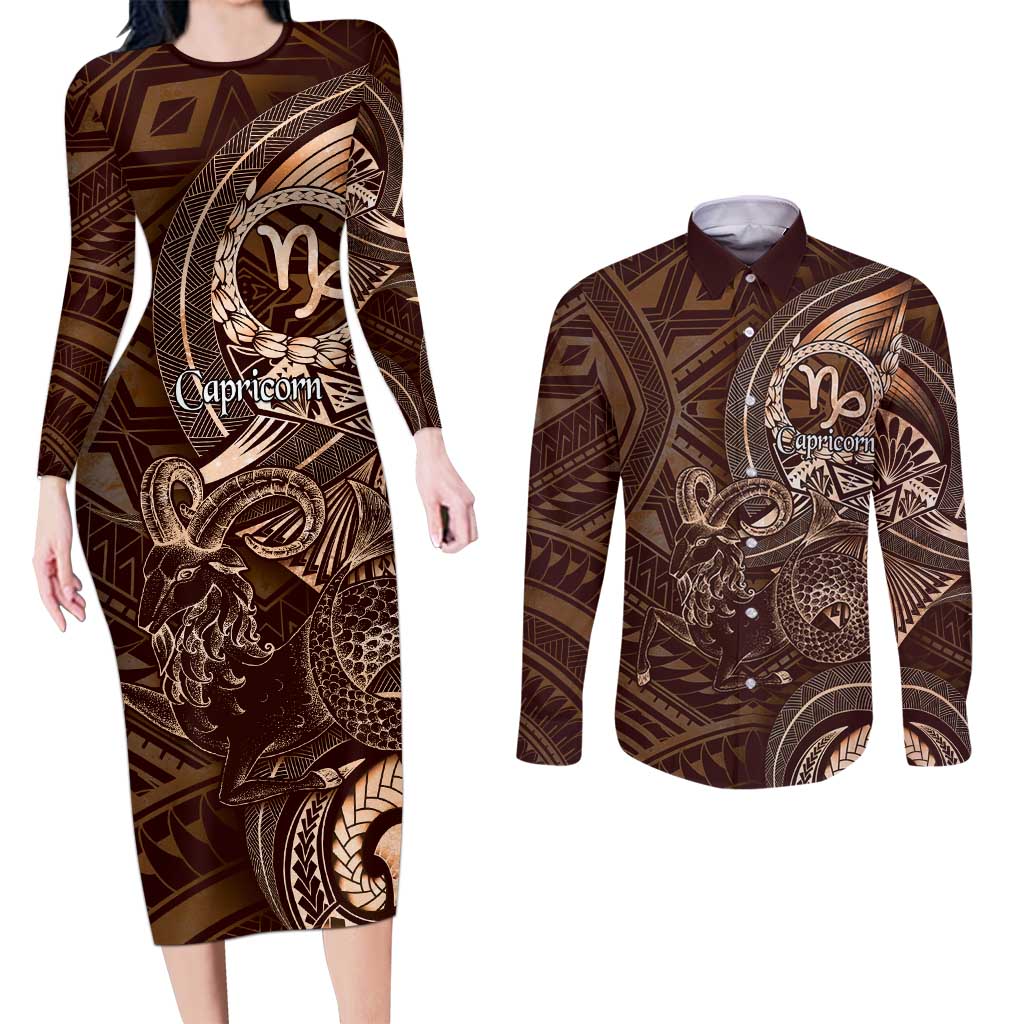 Personalised Polynesia Zodiac Capricorn Couples Matching Long Sleeve Bodycon Dress and Long Sleeve Button Shirt Galaxy Polynesian Pattern Chest Tattoo Style