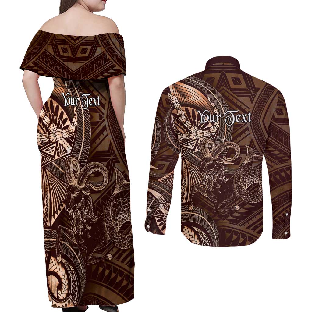 Personalised Polynesia Zodiac Capricorn Couples Matching Off Shoulder Maxi Dress and Long Sleeve Button Shirt Galaxy Polynesian Pattern Chest Tattoo Style LT14 - Polynesian Pride