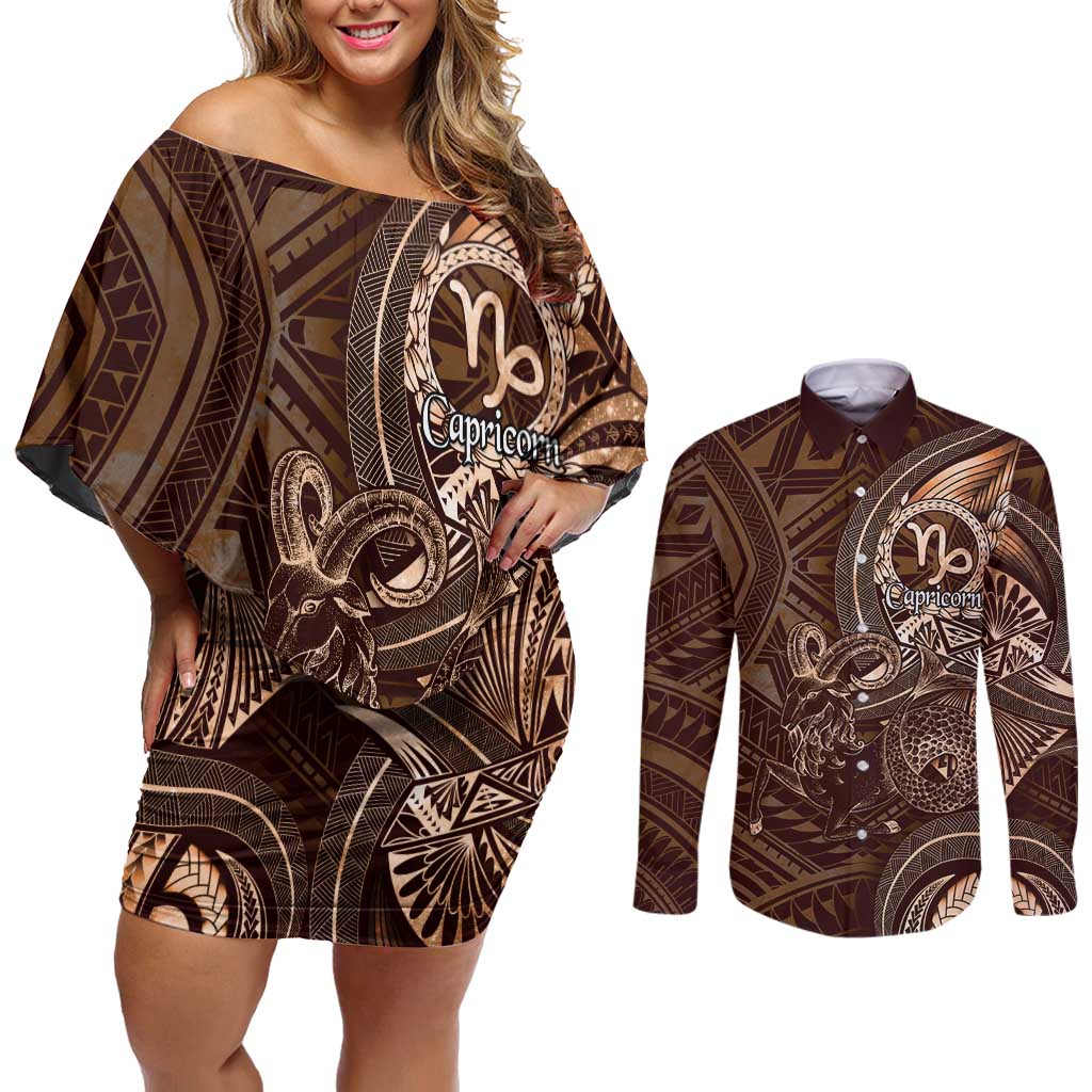 Personalised Polynesia Zodiac Capricorn Couples Matching Off Shoulder Short Dress and Long Sleeve Button Shirt Galaxy Polynesian Pattern Chest Tattoo Style LT14 Brown - Polynesian Pride