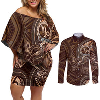 Personalised Polynesia Zodiac Capricorn Couples Matching Off Shoulder Short Dress and Long Sleeve Button Shirt Galaxy Polynesian Pattern Chest Tattoo Style LT14 Brown - Polynesian Pride