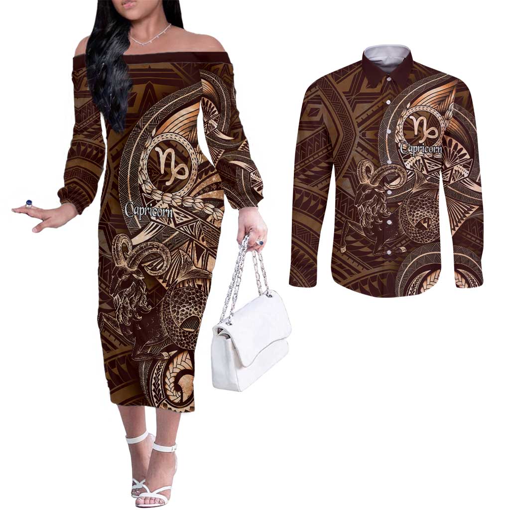 Personalised Polynesia Zodiac Capricorn Couples Matching Off The Shoulder Long Sleeve Dress and Long Sleeve Button Shirt Galaxy Polynesian Pattern Chest Tattoo Style LT14 Brown - Polynesian Pride