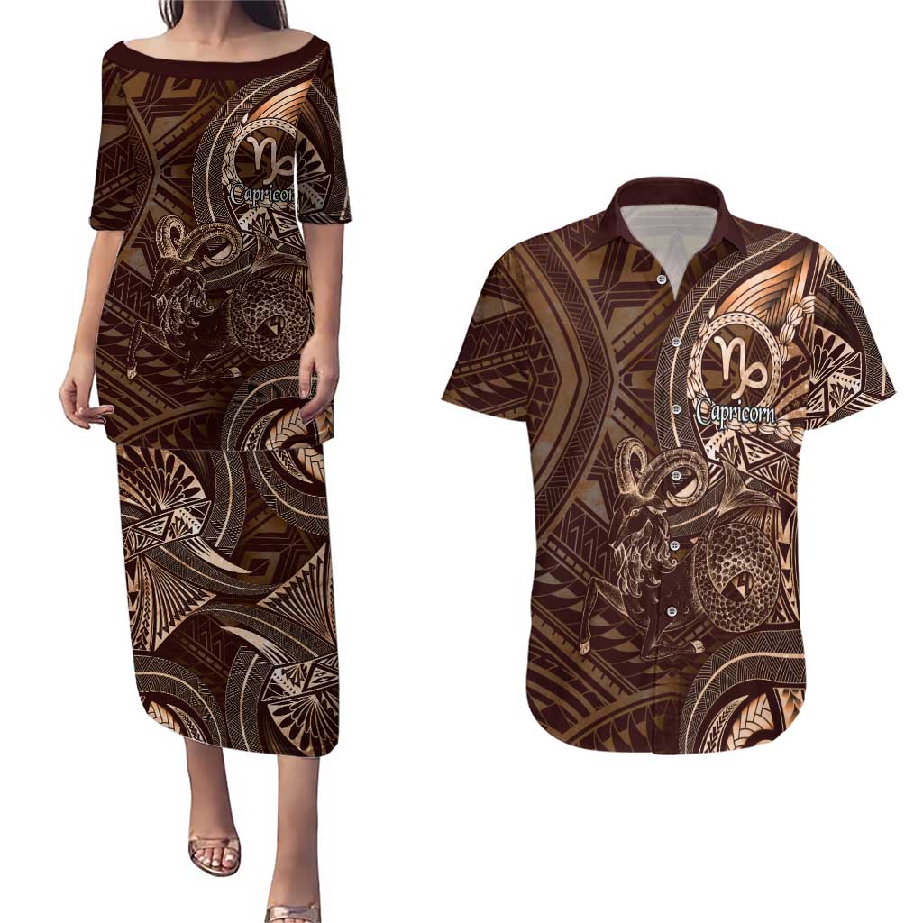 Personalised Polynesia Zodiac Capricorn Couples Matching Puletasi and Hawaiian Shirt Galaxy Polynesian Pattern Chest Tattoo Style LT14 Brown - Polynesian Pride