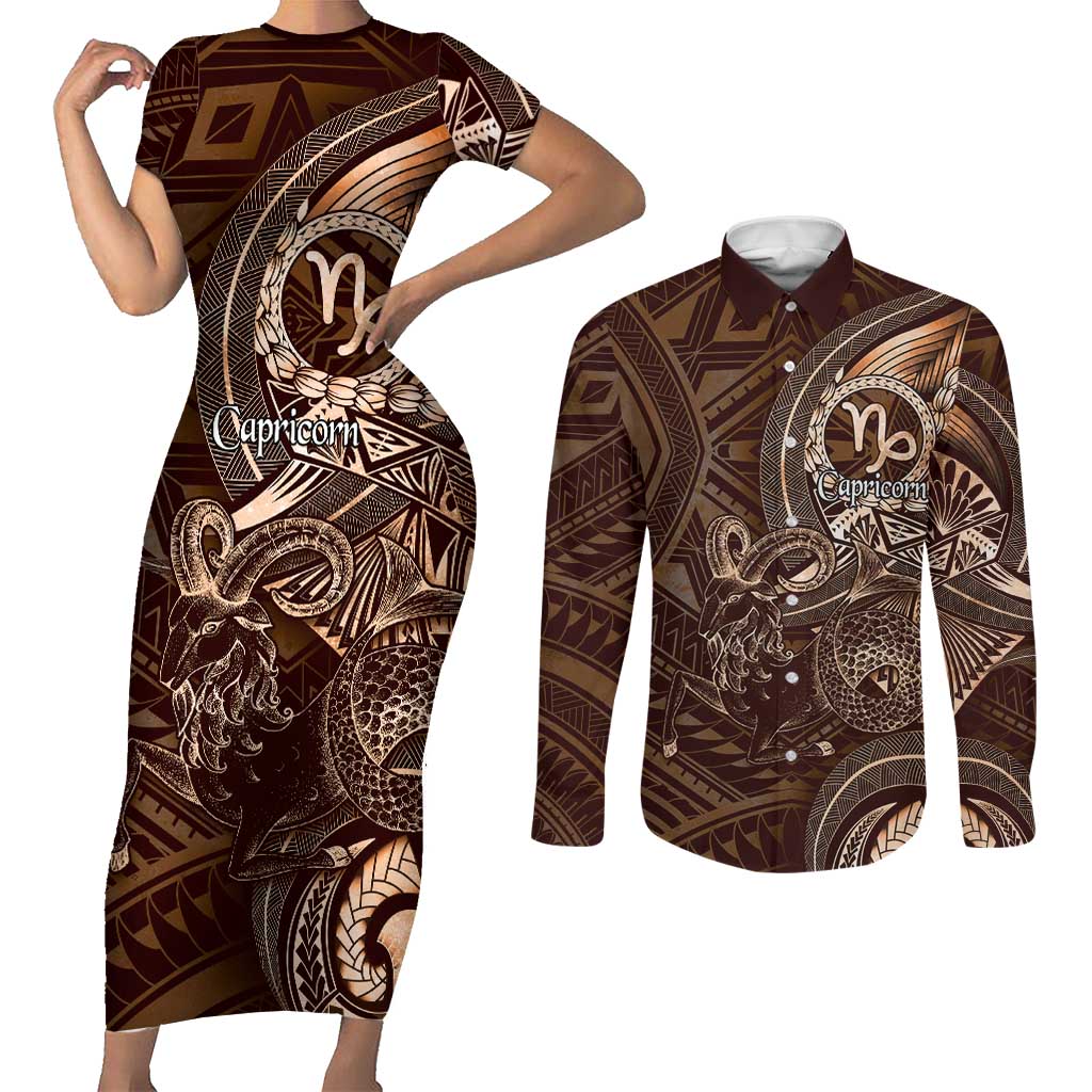 Personalised Polynesia Zodiac Capricorn Couples Matching Short Sleeve Bodycon Dress and Long Sleeve Button Shirt Galaxy Polynesian Pattern Chest Tattoo Style LT14 Brown - Polynesian Pride