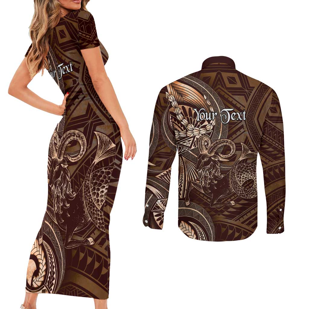 Personalised Polynesia Zodiac Capricorn Couples Matching Short Sleeve Bodycon Dress and Long Sleeve Button Shirt Galaxy Polynesian Pattern Chest Tattoo Style LT14 - Polynesian Pride