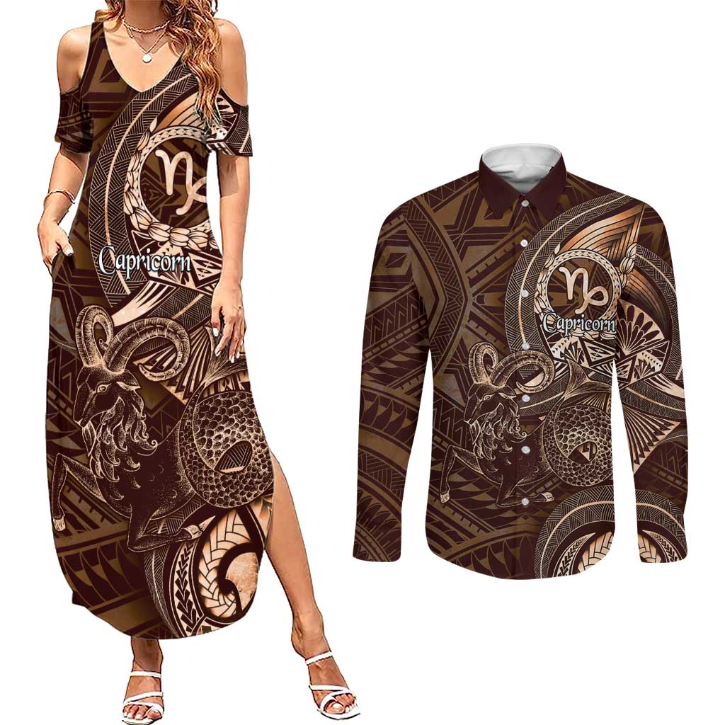 Personalised Polynesia Zodiac Capricorn Couples Matching Summer Maxi Dress and Long Sleeve Button Shirt Galaxy Polynesian Pattern Chest Tattoo Style LT14 Brown - Polynesian Pride