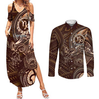 Personalised Polynesia Zodiac Capricorn Couples Matching Summer Maxi Dress and Long Sleeve Button Shirt Galaxy Polynesian Pattern Chest Tattoo Style LT14 Brown - Polynesian Pride