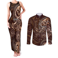 Personalised Polynesia Zodiac Capricorn Couples Matching Tank Maxi Dress and Long Sleeve Button Shirt Galaxy Polynesian Pattern Chest Tattoo Style LT14 Brown - Polynesian Pride