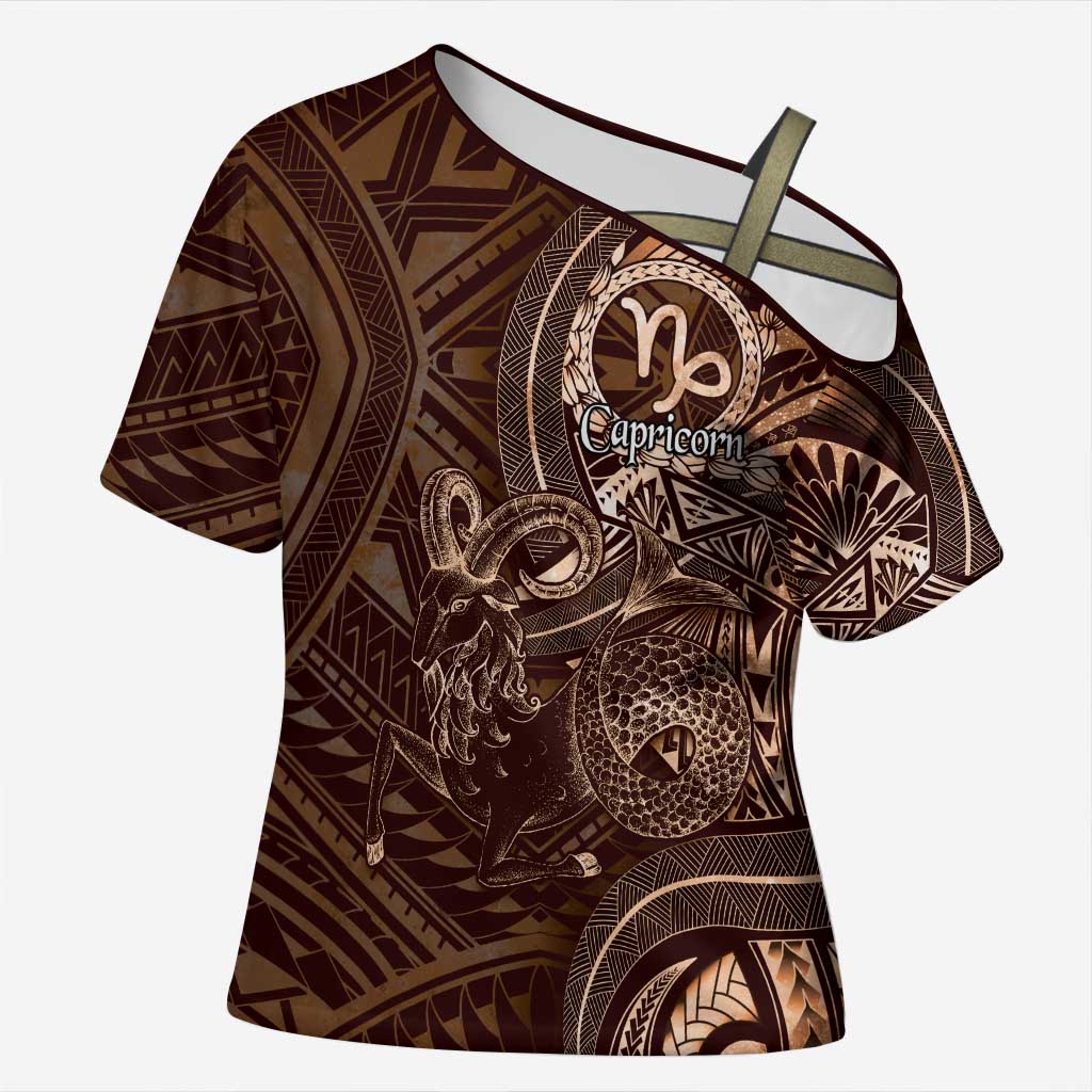 Personalised Polynesia Zodiac Capricorn Cross Shoulder Shirt Galaxy Polynesian Pattern Chest Tattoo Style LT14 Female Brown - Polynesian Pride