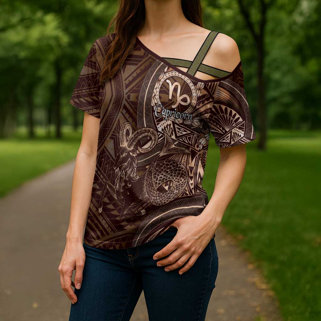 Personalised Polynesia Zodiac Capricorn Cross Shoulder Shirt Galaxy Polynesian Pattern Chest Tattoo Style LT14 - Polynesian Pride