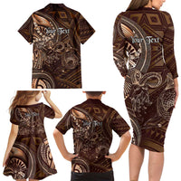 Personalised Polynesia Zodiac Capricorn Family Matching Long Sleeve Bodycon Dress and Hawaiian Shirt Galaxy Polynesian Pattern Chest Tattoo Style