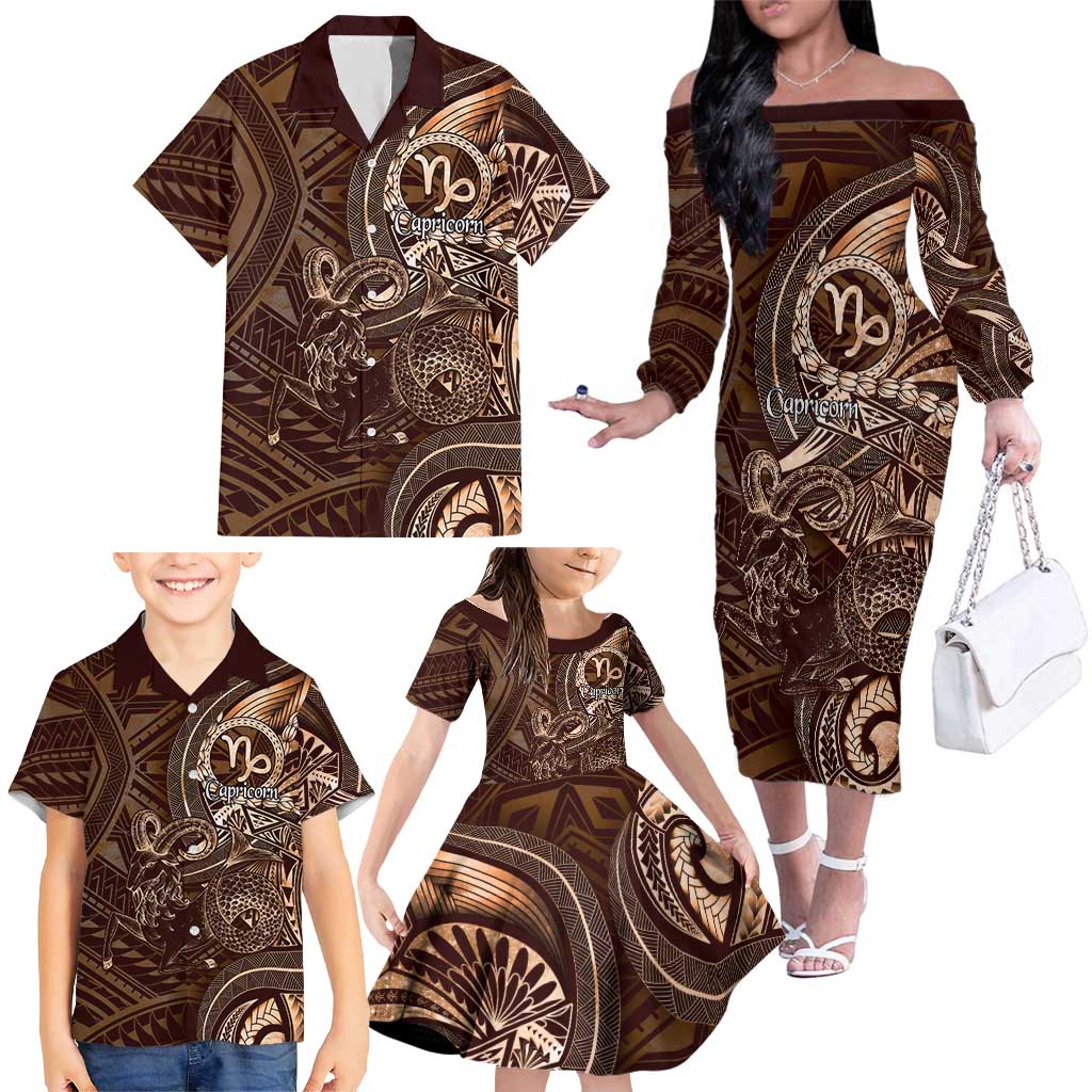 Personalised Polynesia Zodiac Capricorn Family Matching Off The Shoulder Long Sleeve Dress and Hawaiian Shirt Galaxy Polynesian Pattern Chest Tattoo Style LT14 - Polynesian Pride