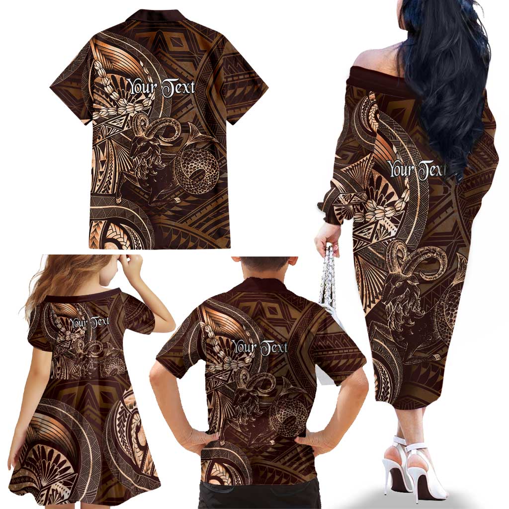 Personalised Polynesia Zodiac Capricorn Family Matching Off The Shoulder Long Sleeve Dress and Hawaiian Shirt Galaxy Polynesian Pattern Chest Tattoo Style
