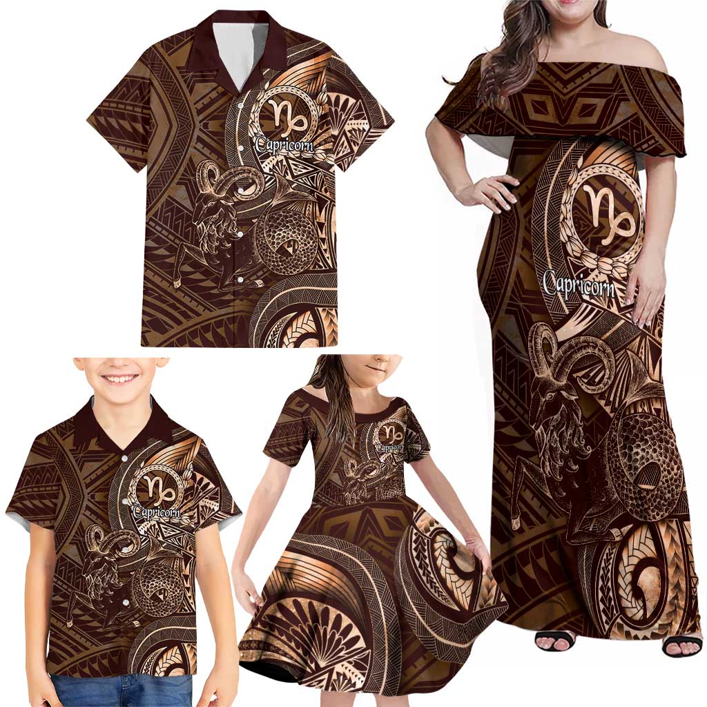 Personalised Polynesia Zodiac Capricorn Family Matching Off Shoulder Maxi Dress and Hawaiian Shirt Galaxy Polynesian Pattern Chest Tattoo Style LT14 - Polynesian Pride