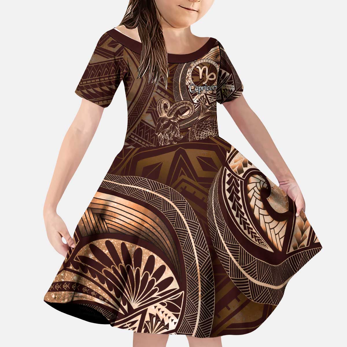 Personalised Polynesia Zodiac Capricorn Kid Short Sleeve Dress Galaxy Polynesian Pattern Chest Tattoo Style LT14 KID Brown - Polynesian Pride